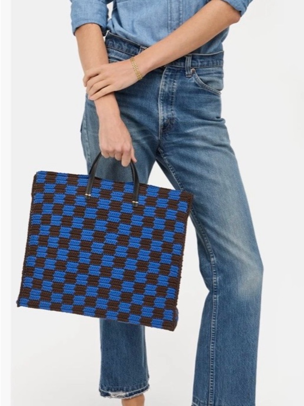 Clare V. Simple Summer Tote Crochet in BLUE/BROWN CHECK BAG MINT!